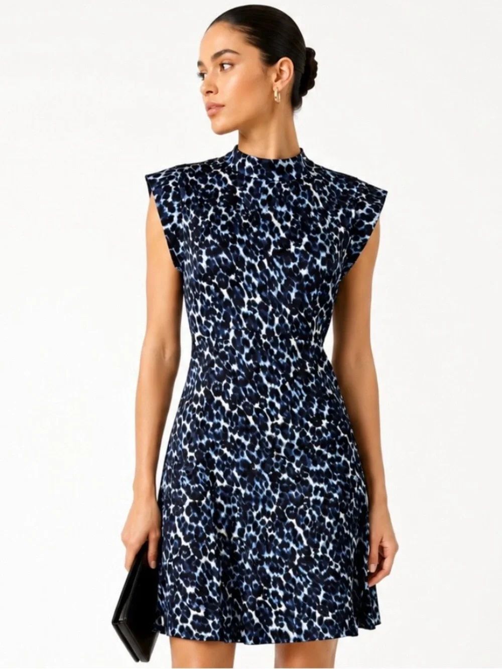 REBECCA TAYLOR Lynx Navy and White Leopard-Print Cap-Sleeve Mini Dress